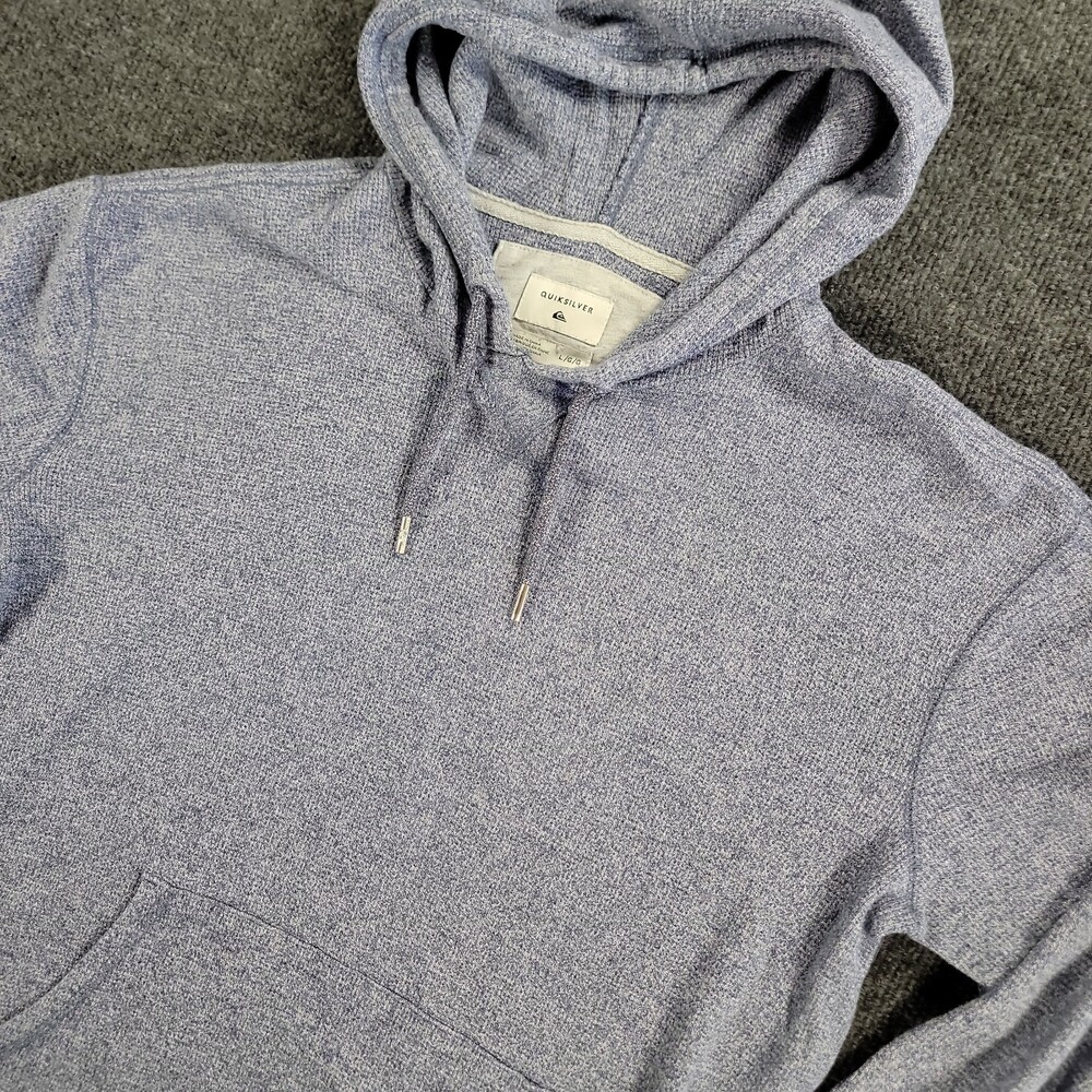 Quiksilver Blue Knit Pullover Hoodie Mens L Y2K Surf Skate Drawstring Pocket